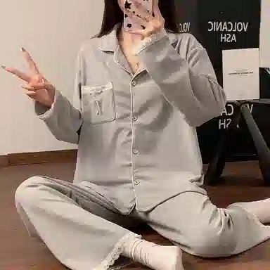静英鸾 德绒保暖加厚长袖长裤翻领开衫纯色简约舒适家居服冬季睡衣套装 女款