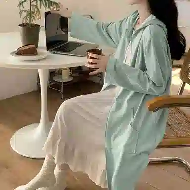 静英鸾 德绒长袖长裙连帽拉链纯色简约小清新家居服秋冬季保暖套装 女款