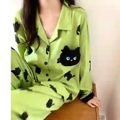 静英鸾 透气舒适简约开衫卡通小猫图案家居服睡衣套装 女款