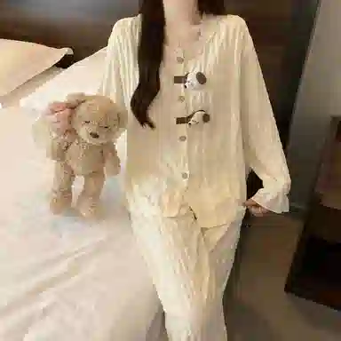 静英鸾 家居女舒适简约休闲风圆领花边设计长袖长裤服睡衣礼盒 女款