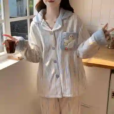 静英鸾 法兰绒保暖加厚加绒卡通鸭子条纹长袖长裤休闲家居服秋冬季睡衣套装 女款
