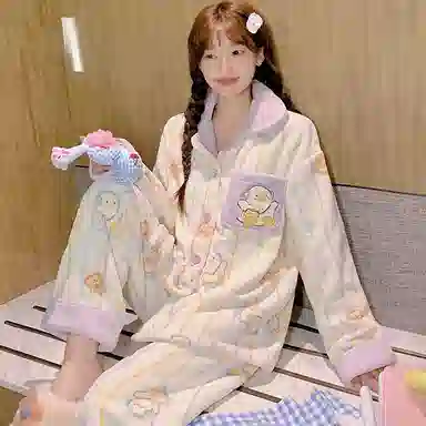 静英鸾 翻领简约休闲时尚甜美可爱卡通鸭子法兰绒亲肤柔软舒适可外穿家居服睡衣套装 女款