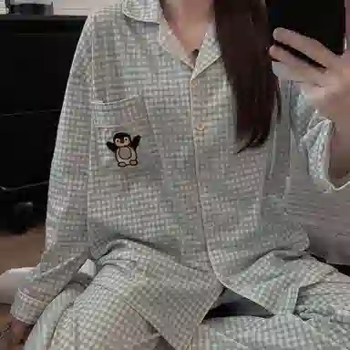 静英鸾 情侣翻领长袖舒适宽松格子家居服睡衣套装 男女同款