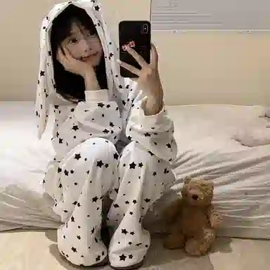 静英鸾 宅家连帽满印星星时尚简约风休闲舒适家居服秋冬季睡衣套装 女款