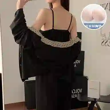 静英鸾 仿棉长袖吊带长裤圆领开衫纯色简约甜美家居服秋冬季睡衣套装 女款