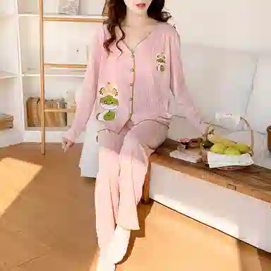 静英鸾 带胸垫甜美可爱简约卡通小蛇休闲亲肤舒适可外穿家居服睡衣套装 女款