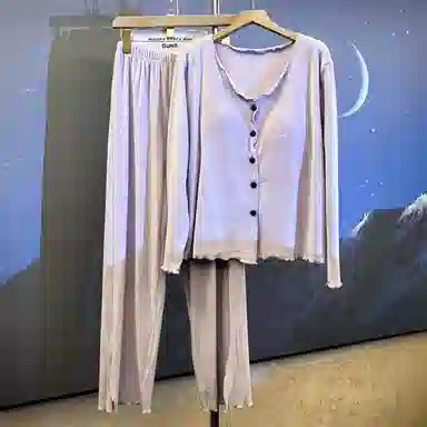 静英鸾 羊毛绒长袖长裤圆领开衫纯色甜美舒适两件套家居服秋冬季保暖套装 女款