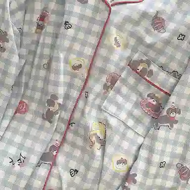 静英鸾 翻领格子可爱小狗甜美风休闲舒适家居服睡衣套装 女款