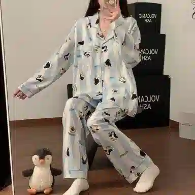静英鸾 宽松休闲简约条纹卡通企鹅图案长袖长裤开衫家居服睡衣套装 女款
