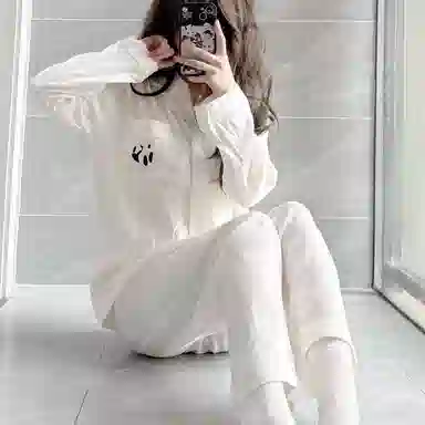 静英鸾 家居女长袖卡通熊猫图案开衫服睡衣套装 女款