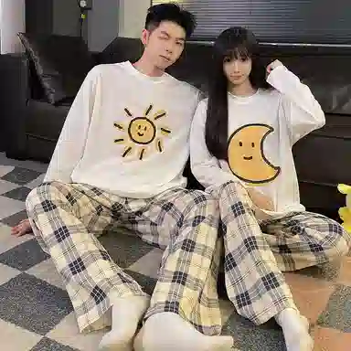 静英鸾 情侣简约太阳月亮图案印花长袖圆领舒适透气家居服睡衣礼盒 男女同款