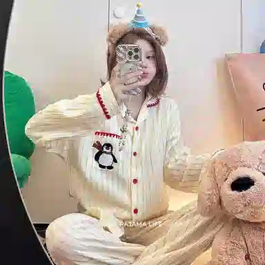 静英鸾 加厚保暖卡通企鹅红领巾翻领开衫长袖长裤休闲家居服睡衣套装 女款