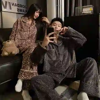 静英鸾 冬季豹纹高级感时尚简约风珊瑚绒加绒加厚保暖翻领休闲家居服睡衣套装 男女同款