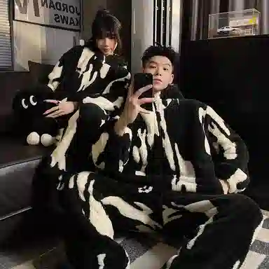 静英鸾 秋冬季时尚简约风珊瑚绒加绒加厚保暖连帽家居服睡衣套装 男女同款