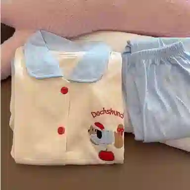 静英鸾 舒适简约卡通腊肠小狗图案长袖翻领家居服睡衣礼盒 女款