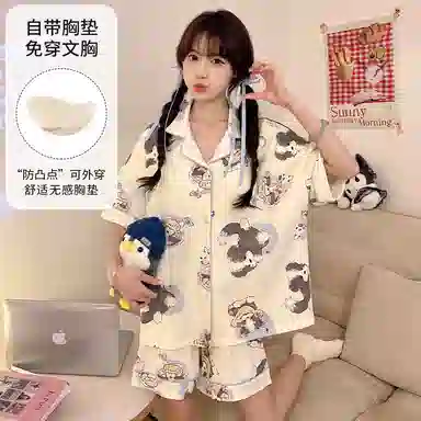 静英鸾 带胸垫短袖短裤翻领开衫可爱卡通小狗休闲舒适家居服睡衣礼盒 女款