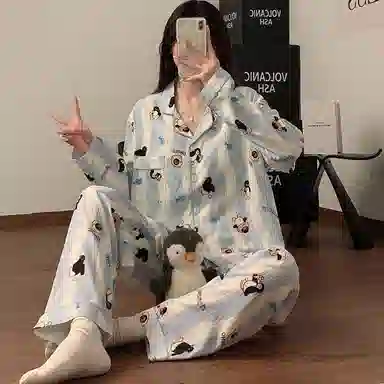 静英鸾 宽松休闲简约条纹卡通企鹅图案长袖长裤开衫家居服睡衣套装 女款