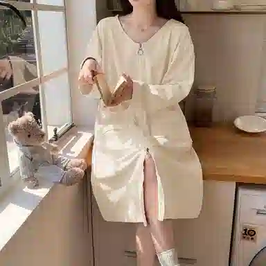 静英鸾 德绒长袖长裙圆领拉链纯色舒适家居服秋冬季保暖套装 女款