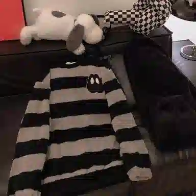 静英鸾 珊瑚绒加厚加绒保暖卡通煤球条纹圆领长袖长裤休闲情侣家居服秋冬季睡衣套装 男女同款