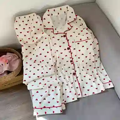 静英鸾 翻领开衫满印纯色爱心长袖长裤休闲家居服秋冬季睡衣套装 女款