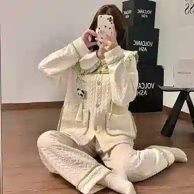 静英鸾 珊瑚绒三层夹棉保暖加绒加厚长袖长裤可爱小清新熊猫家居服冬季睡衣套装 女款
