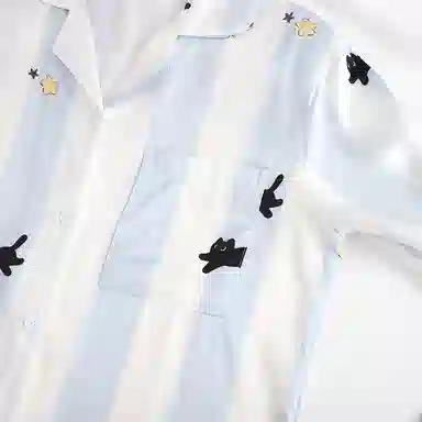 静英鸾 冰丝长袖长裤翻领开衫可爱卡通条纹小黑猫家居服秋冬季睡衣套装 女款