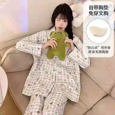 静英鸾 带胸垫长袖长裤翻领开衫卡通格子兔子小熊家居服睡衣套装 女款