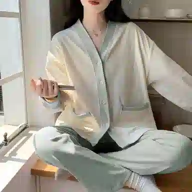 静英鸾 德绒长袖长裤和尚领开衫纯色简约小清新两件套家居服秋冬季保暖套装 女款