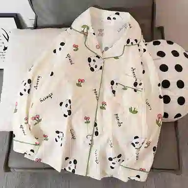 静英鸾 卡通满印熊猫翻领开衫长袖长裤休闲家居服秋冬季睡衣套装 女款