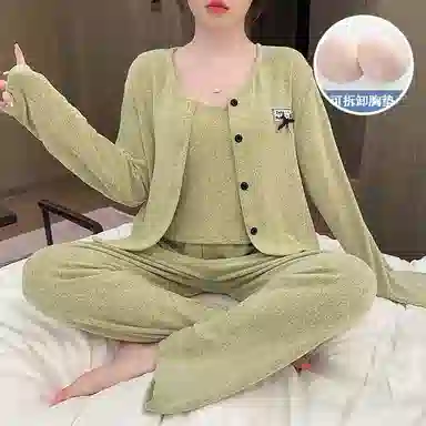 静英鸾 棉质羊绒长袖吊带长裤开衫纯色简约小清新家居服秋冬季睡衣套装 女款