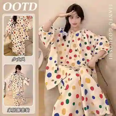 静英鸾 双长休闲舒适简约彩色波点圆领设计家居服睡衣套装 女款