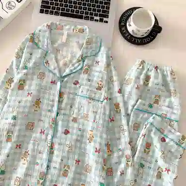 静英鸾 翻领方格卡通图案满印简约舒适可外穿家居服睡衣礼盒 女款