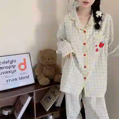 静英鸾 云朵棉长袖长裤翻领开衫纯色格子苹果两件套家居服秋冬季睡衣套装 女款