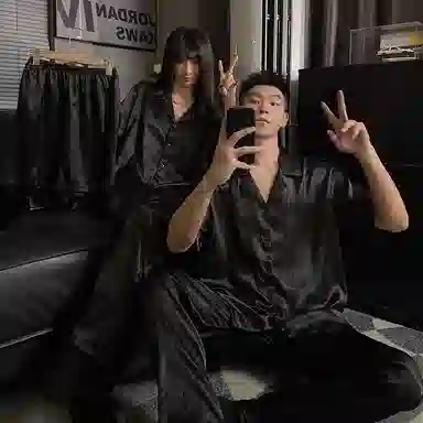 静英鸾 三件套翻领纯色简约风休闲舒适家居服睡衣套装 男女同款