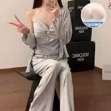 静英鸾 仿棉长袖吊带长裤圆领开衫纯色休闲家居服秋冬季睡衣套装 女款