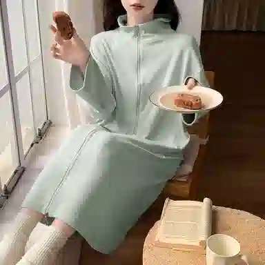 静英鸾 德绒长袖长裙翻领拉链纯色简约舒适家居服秋冬季保暖套装 女款