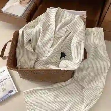 静英鸾 情侣舒适简约条纹卡通图案长袖长裤家居服睡衣套装 男女同款