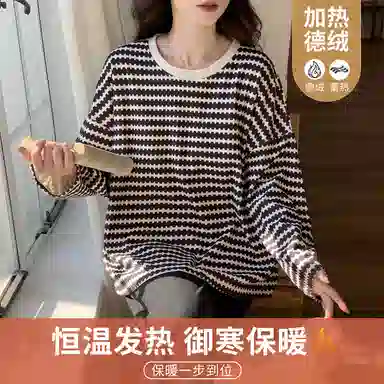 静英鸾 圆领设计条纹宽松舒适加绒加厚亲肤家居服睡衣套装 女款