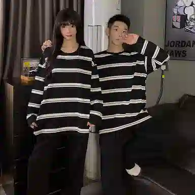 静英鸾 纯棉简约纯色条纹圆领套头长袖长裤休闲家居服秋冬季睡衣套装 男女同款