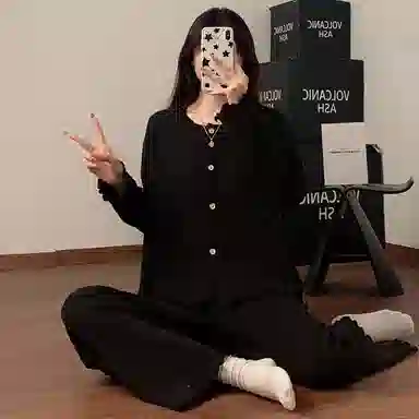 静英鸾 德绒保暖加厚长袖长裤圆领开衫纯色简约家居服冬季睡衣套装 女款