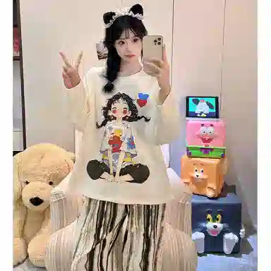 静英鸾 仿棉圆领套头长袖长裤可爱卡通小女孩条纹休闲家居服春秋季睡衣套装 女款