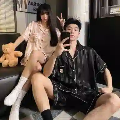 静英鸾 凉感短袖条纹可爱小熊开衫家居服睡衣套装 男女同款