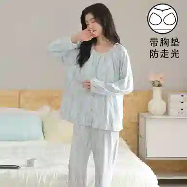 静英鸾 带胸垫翻领休闲甜美可爱时尚简约蓝亲肤舒适家居服睡衣套装 女款