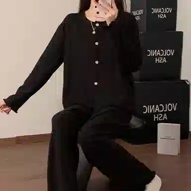 静英鸾 德绒保暖加厚长袖长裤圆领开衫纯色简约家居服冬季睡衣套装 女款