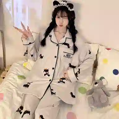 静英鸾 德绒长袖长裤翻领开衫可爱卡通小狗休闲两件套家居服秋冬季睡衣套装 女款