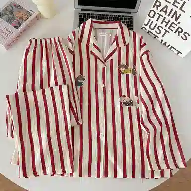 静英鸾 条纹舒适简约长袖翻领设计家居服睡衣套装 女款