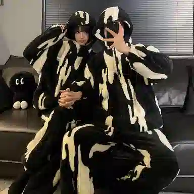 静英鸾 秋冬季时尚简约风珊瑚绒加绒加厚保暖连帽家居服睡衣套装 男女同款
