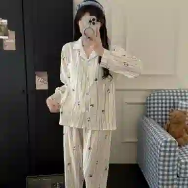 静英鸾 家居休闲舒适简约风格条纹长袖开衫服睡衣套装 女款