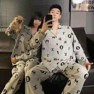 静英鸾 纯棉卡通可爱小狗字母翻领开衫长袖长裤休闲家居服秋冬季睡衣套装 男女同款