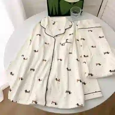 静英鸾 保暖加厚长袖长裤翻领开衫卡通波点腊肠狗家居服睡衣套装 女款